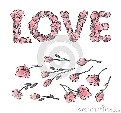 LOVE sign or lettering made with sakura flowers and leaves Vector Illustration