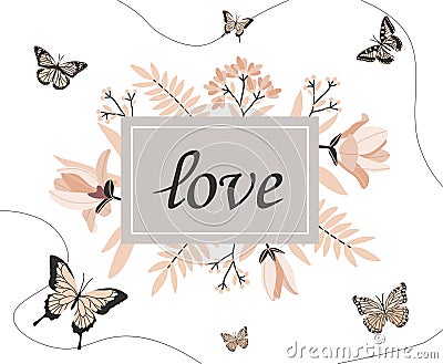 Love slogan with butterflies Vector Illustration