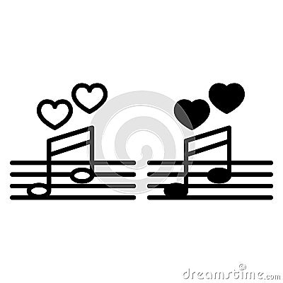 Love song line and glyph icon. Music notes with heart vector illustration isolated on white. Serenade outline style Vector Illustration