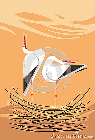 Love Song of storks in the nest Vector Illustration