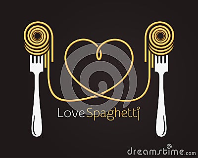 Love spaghetti concept. Pasta with fork on black background Vector Illustration