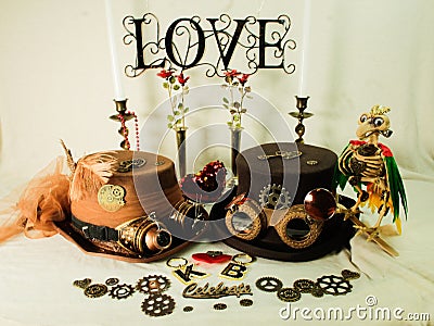 Steampunk hats, with goggles, gears, glasses, Skeleton pirate parrot Stock Photo