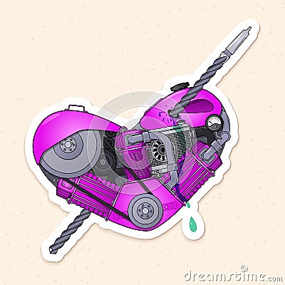 Love. Steampunk sticker for messenger. Motor heart pierced with a drill. Vector Vector Illustration