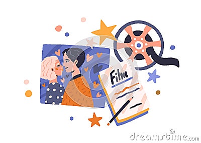 Love story cinema concept. Romantic screenplay, hearts, filmstrip, and film reel in retro style. Cinematography industry Vector Illustration