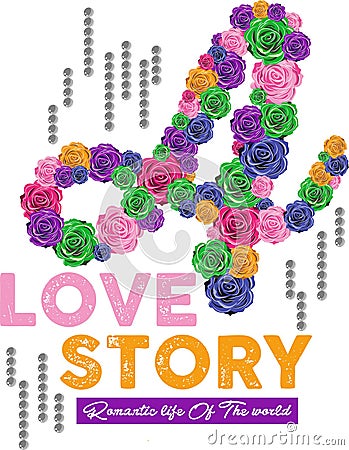 Love story letter colorful roses Vector Illustration