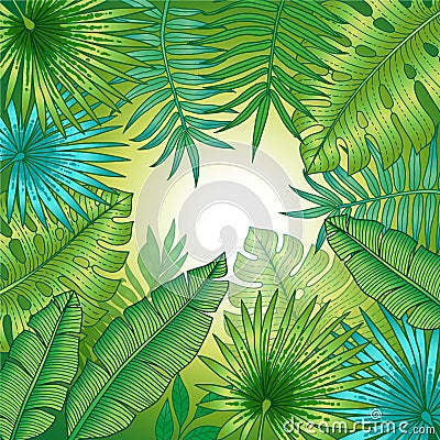 Tropical plant background with leaves of bananas and palm trees. Vector Isolated Layers. Summer exotic design for invitations, pos Vector Illustration