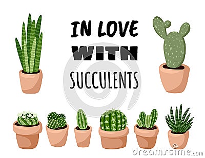 In love with succulents postcard. Potted succulent plants in hygge interior flyer. Cozy lagom scandinavian style poster Vector Illustration