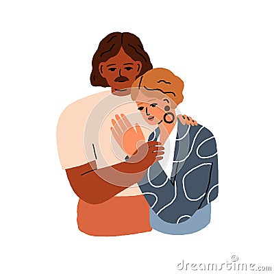 Love and support in bonding relationship. Interracial family couple hugging together. Wife and husband embracing. Two Vector Illustration