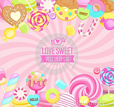 Love Sweet shop logo, with many sweets. Vector Illustration