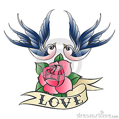 Love Tattoo with Swallows and Rose Cartoon Illustration