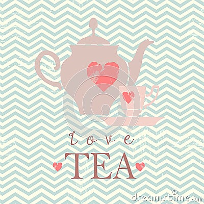 Love tea, teapot and cup of tea, vector hand drawn illustration Vector Illustration