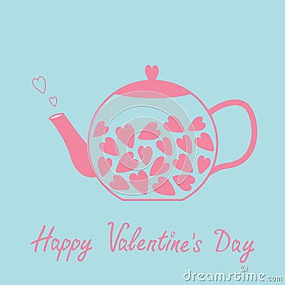 Love teapot with hearts. Happy Valentines Day card. Blue and pink Vector Illustration