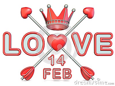 Love text with crossed Cupid`s arrows and Valentine`s day date 3 Cartoon Illustration