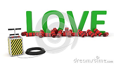 Love text with dynamite pack and detenator. 3d illustration. Cartoon Illustration