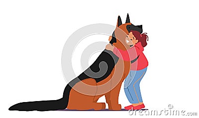 Love to Animals, Childhood, Friendship with Doggy Concept. Kid Girl Hug Huge Shepherd, Child Character Cuddle with Pet Vector Illustration