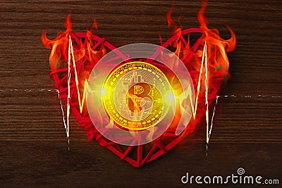 Love to bitcoins. Coin Bitcoin lies on a red heart in a flame of fire Stock Photo