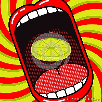 Love to eat lemon! Funny cartoon poster. Large open mouth with slice of lemon or lime. Vector Illustration