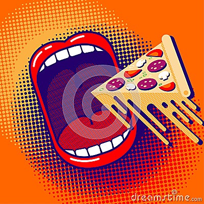 Love to eat pizza! Funny cartoon poster. Large open mouth with piece of pizza with stretchy melted cheese. Vector Illustration