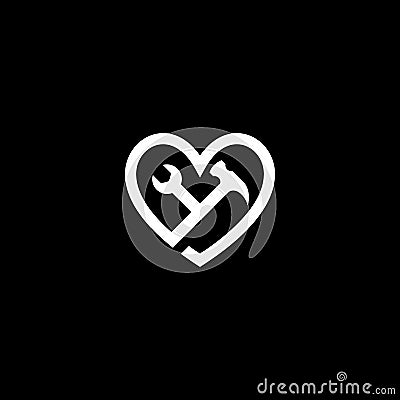 Wrench and hammer combination in love shape logo. Vector Illustration