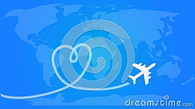 Love Travel Concept. Airplane Leaving Behind a Handmade Love Shaped Smoke Trail Flying in the Blue Sky. Stock Photo