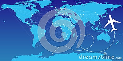 Love travel concept illustration in vector. Airplane flying and leave a white dashed trace line. Vector Illustration