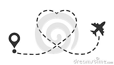 Love travel route icon in flat style. Airplane line path vector illustration on white isolated background. Dash line trace Vector Illustration