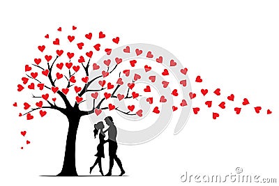 Tree illustration with red hearts like blowing leaves on wind and couple silhouettes in love isolated on white background Vector Illustration