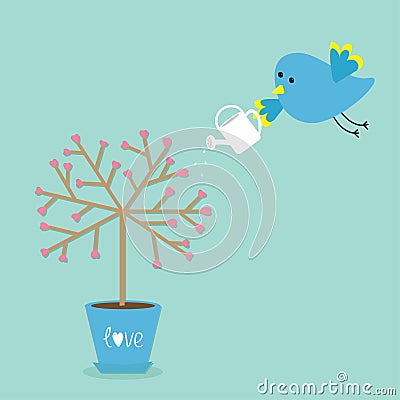 Love tree in the pot. Heart flower. Bird with watering can. Word love Blue background. Flat design Vector Illustration