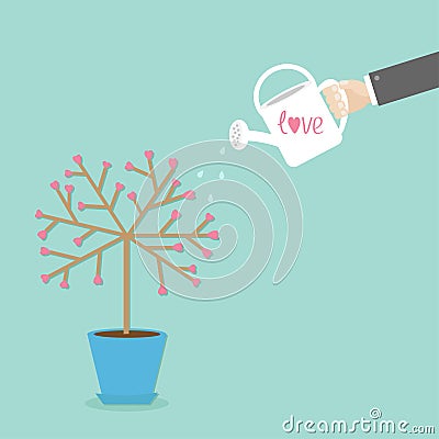 Love tree in the pot. Heart flower. Hand with watering can. Word love Blue background. Flat design Vector Illustration