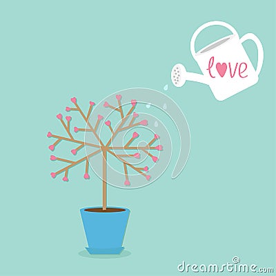 Love tree in the pot. Heart flower. Watering can. Word love Blue background. Flat design Vector Illustration
