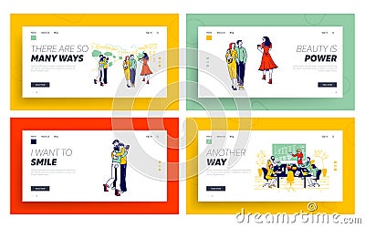 Love Triangle, or Husband Cheating Website Landing Page Set. Angry Jealous Woman, Perfidious Girl Chatting with Lover Vector Illustration