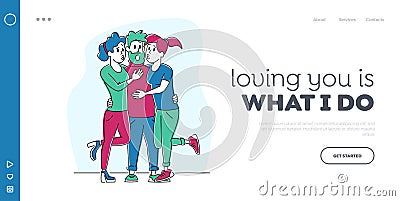 Love Triangle Landing Page Template. Couple of Girls Hugging and Kiss Hipster Man Character. Love, Human Relations Vector Illustration