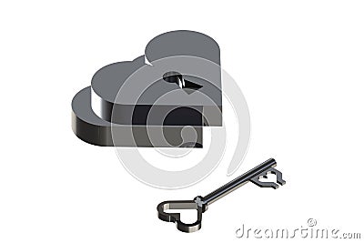 love, two hearts, with key and padlock, which key opens or closes a love? on white background illustration in 3D graphics. Cartoon Illustration