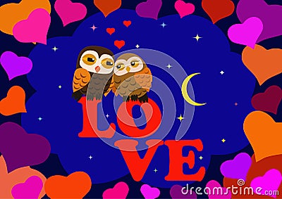 Love Two owls Vector Illustration