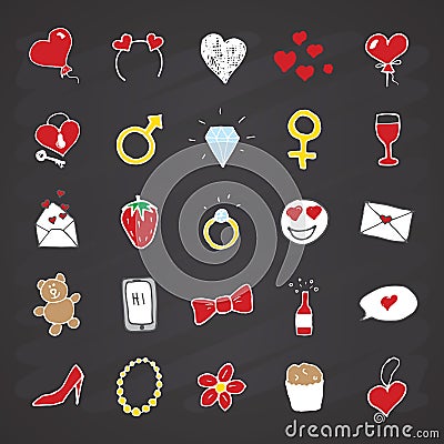 Love and valentine doodle Icons, hand drawn signs set, vector illustration on chalkboard background Vector Illustration