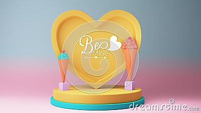 Love or Valentine's Day Concept, 3D Render of Yellow Heart Shape Frame And Ice Cream Cones O Stock Photo