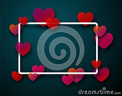 Valentine`s rectangular card with hearts. Vector Illustration