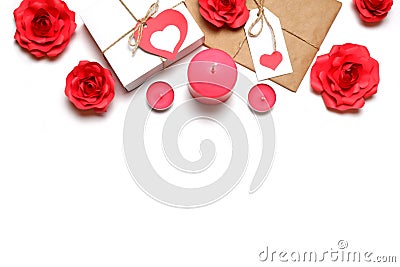 Love, Valentine`s, women`s day, relations, romantic template from white gift box and gift wrapped in craft paper, tied with twin Stock Photo