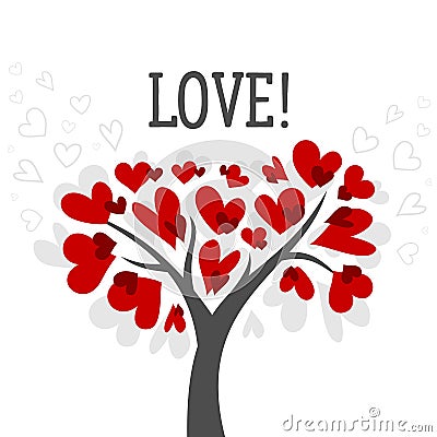 Love and Valentines day card with love tree and red heart vector background poster Vector Illustration