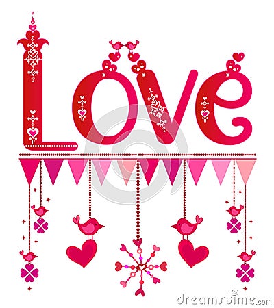 Love word art vector. Husband wife couple romance text. Red gradient letters. Valentine`s day sticker. Colorful flag pattern. Vector Illustration