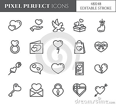 Love and Valentines Day theme line icons with editable stroke isolated on white background - vector illustration of pixel perfect Vector Illustration