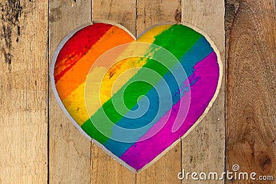 Love Valentines heart wooden frame painted rainbow pride colours Stock Photo