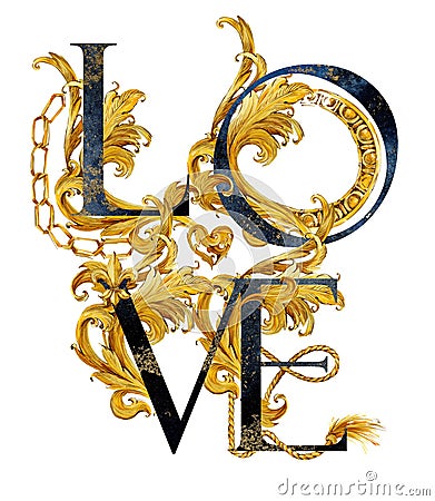 Love. vintage gold damask curl script. love text. Stock Photo