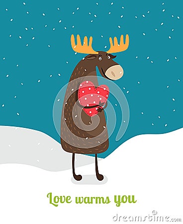 Love warms you. Cute moose hugging big red heart Vector Illustration