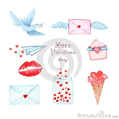 love watercolor set, watercolor illustration with love for valentine's day, envelope, dove with letter, paper airplane Vector Illustration