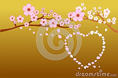 Full bloom cherry blossoms and blowing/flying petals in heart shape; on gradient gold background. Vector illustration - flat desig Vector Illustration