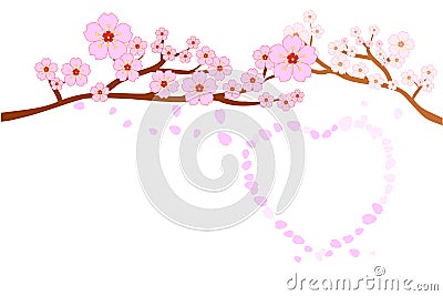 Love and wedding concepts. Full bloom cherry blossoms and blowing/flying petals in heart shape; isolated on white background. Vector Illustration