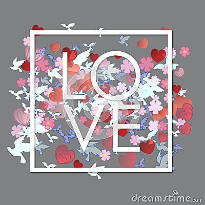 Love white Word with flowers, hearts and birds. Vector Illustration