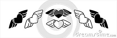 Love with wings icon set. Winged heart vector icons set. Heart fly vector stock illustration. Love heart in the air romantic Cartoon Illustration