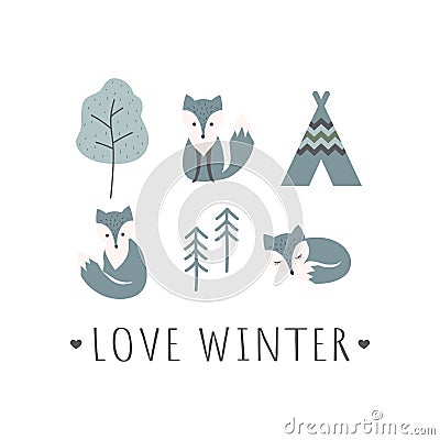 Love winter slogan cartoon t-shirt template. Colorful arctic fox character with trees. Vector Illustration